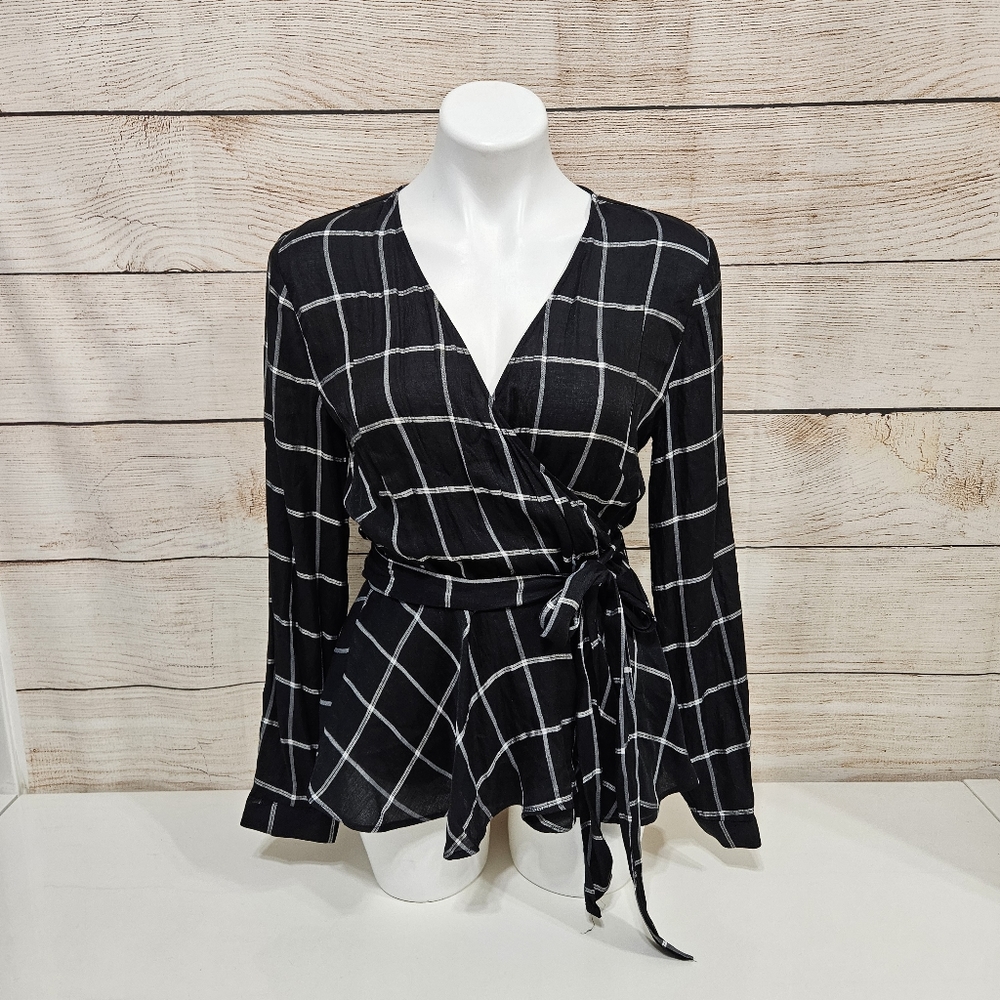 LOFT Black Windowpane Wrap Blouse with Tie Waist - M